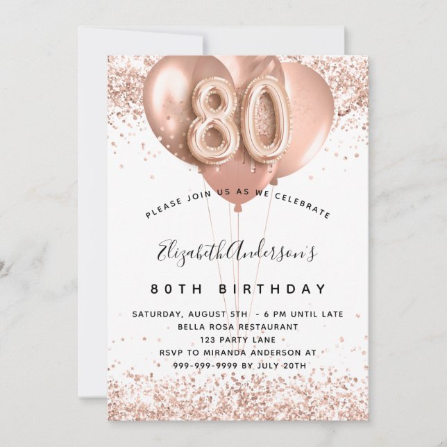 80th birthday rose gold white balloons invitation (Front)