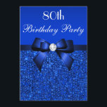 80th Birthday Royal Blue Sequins Bow and Diamond Invitation<br><div class="desc">Woman's 80th birthday party invitations personalized custom template. Elegant custom royal blue eightieth / eighty / 80 years old Birthday Party celebration invitations for women with a pretty royal blue printed sequins pattern, cute royal blue bows and ribbons images and printed image bling jewels diamonds / rhinestones. These sophisticated, fashionable,...</div>