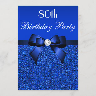 80th Birthday Royal Blue Sequins Bow and Diamond Invitation