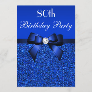 80th Birthday Royal Blue Sequins Bow and Diamond Invitation