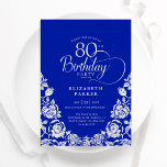 80th Birthday Royal Blue Silver Roses Invitation<br><div class="desc">Royal blue silver elegant 80th birthday party invitation. Classy design featuring roses,  faux silver foil and typography script font. Trendy invite card perfect for a stylish female bday celebration. Personalize with your own details. Can be customized to any age. Printed Zazzle invitations or instant download digital printable template.</div>
