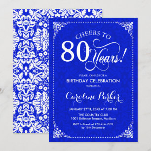 80th Birthday - Royal Blue White Damask Invitation