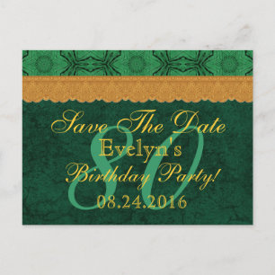 80th Birthday Save the Date Green and Gold Lace 07 Announcement Postcard