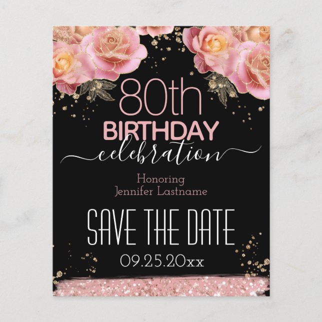 80th Birthday Save the Date Pink Floral Budget (Front)