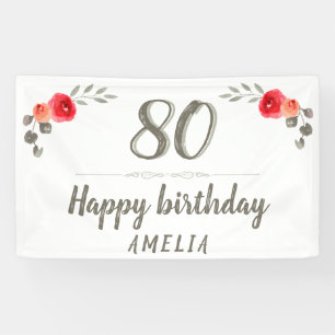80th Birthday Script Watercolor Rose Floral Party Banner