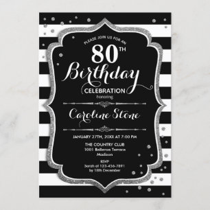 80th Birthday - Silver Black White Stripes Invitation