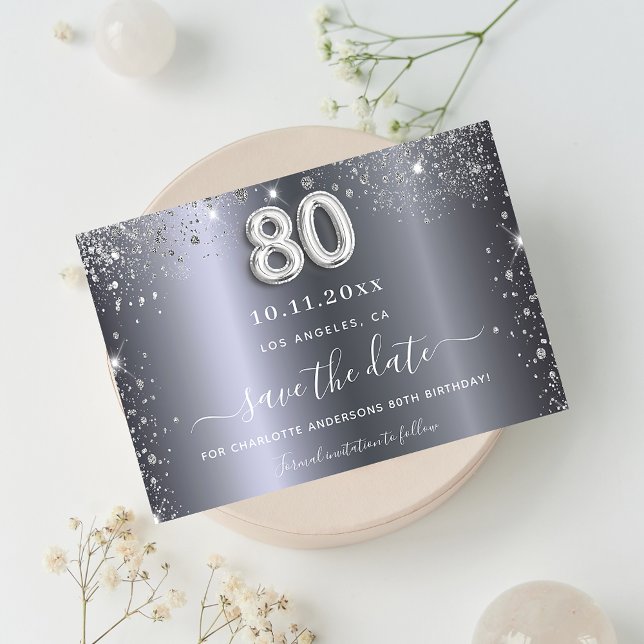 80th birthday silver glitter elegant save the date (Creator Uploaded)