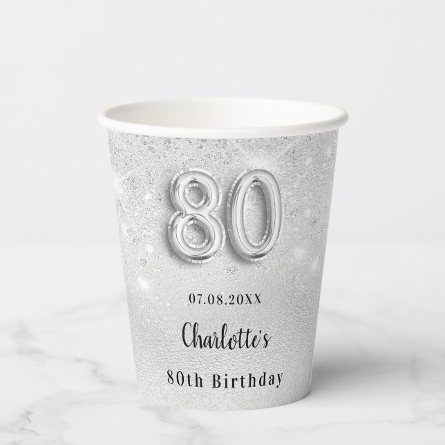 80th birthday silver glitter monogram paper cups (Back)