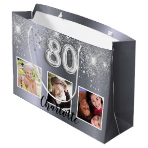 80th birthday silver glitter photo large gift bag