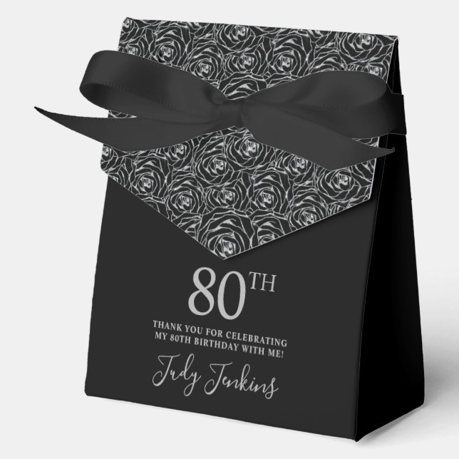 80th Birthday Silver Glitter Roses Thank You  Favor Box (Front)