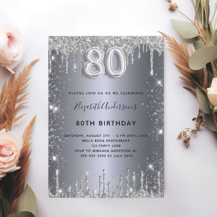 80th birthday silver metal glitter dust glam invitation