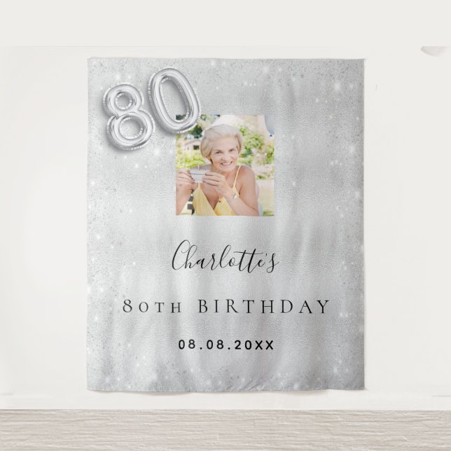 80th birthday silver photo glitter dust welcome tapestry (Front)