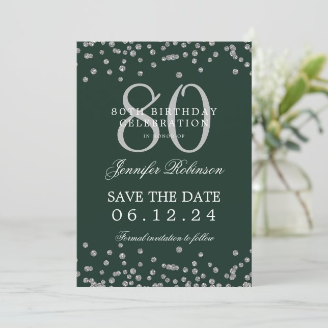 80th Birthday Silver Save Date Confetti Green Invitation (Standing Front)