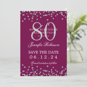 80th Birthday Silver Save Date Confetti Magenta Invitation