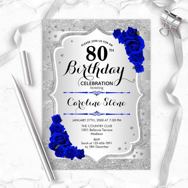 80th Birthday - Silver Stripes Royal Blue Roses Invitation (Creator Uploaded)