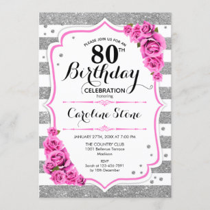 80th Birthday - Silver White Stripes Pink Roses Invitation