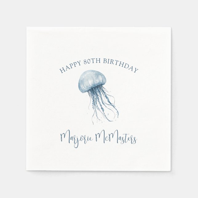 80th Birthday Simple Coastal Jellyfish Custom Napkin (Front)