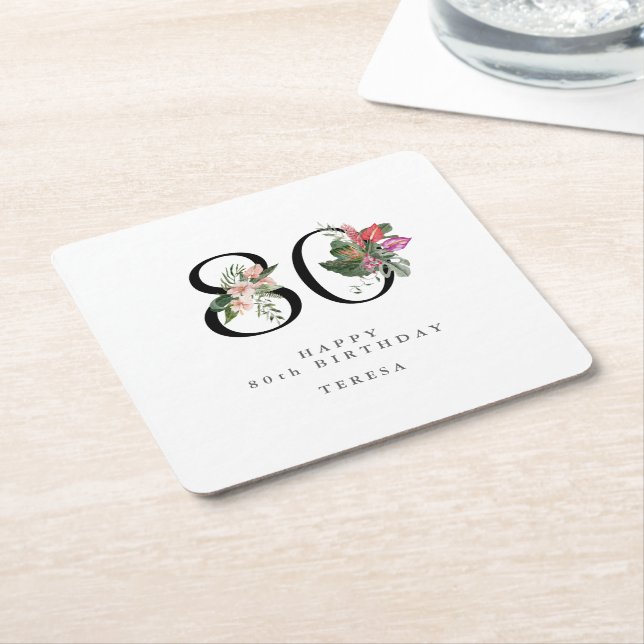 80th Birthday Simple Elegant Tropical Invitation Square Paper Coaster (Angled)