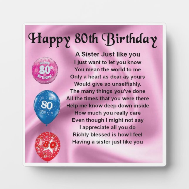 80th  Birthday Sister Poem Plaque (Front)
