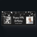 80th Birthday Stars Photo Personalized Banner<br><div class="desc">Honour and celebrate the 80-year-old and/or welcome party guests with this black and silver star themed bithday banner sign personalized with two photos (perhaps THEN and NOW photos) and their name. The title is editable for ANY birthday. PHOTO TIP: For fastest/best results, choose a photo with the subject in the...</div>