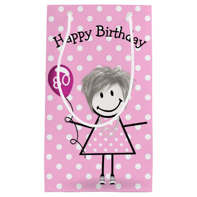 80th Birthday Stick Girl with Pink Balloon  Small Gift Bag (Front)