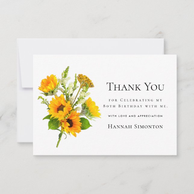 80th Birthday Sunflower Bouquet Personalized Thank You Card (Front)
