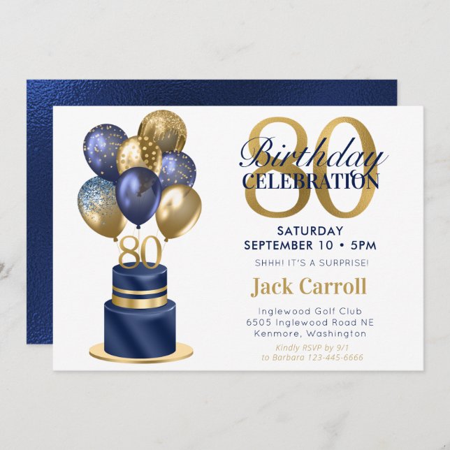 80th Birthday Surprise Navy Blue Cake Invitation (Front/Back)