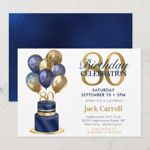 80th Birthday Surprise Navy Blue Cake Invitation