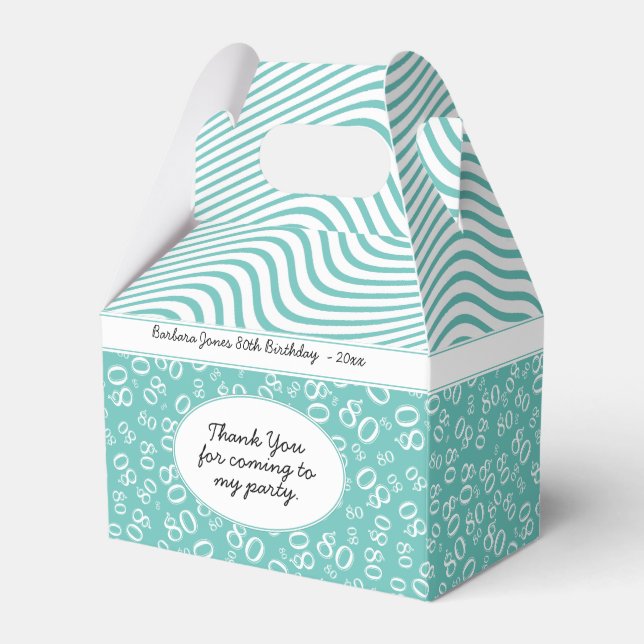 80th Birthday Teal/White Number Pattern 80 Favor Box (Front Side)