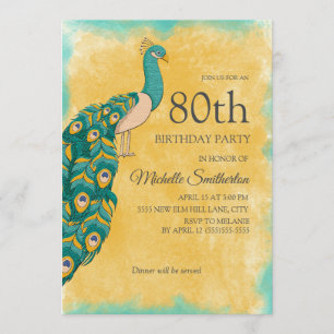 80th Birthday Teal Yellow Watercolor Peacock Invitation