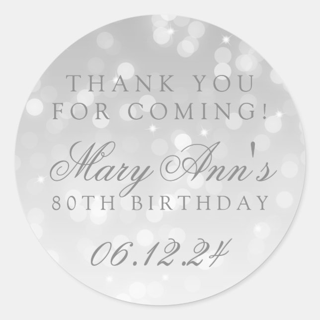 80th Birthday Thank You Silver Bokeh Sparkle Light Classic Round Sticker (Front)