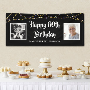 80th Birthday Then & Now Photos Lights Black Banner