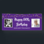 80th Birthday Then & Now Photos Lights Purple Banner<br><div class="desc">Celebrate any age birthday (shown for an 80th) with this custom text and colour (shown in purple) banner sign featuring 2 photos (perhaps THEN and NOW pictures) of the birthday man or woman with a border of gold and white string lights. ASSISTANCE: For help with design modification or personalization, colour...</div>