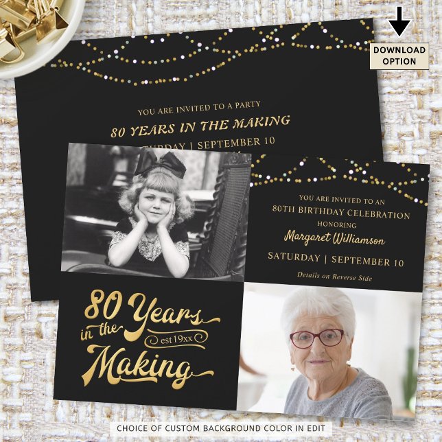 80th Birthday Then & Now Photos String Lights Invitation (Creator Uploaded)