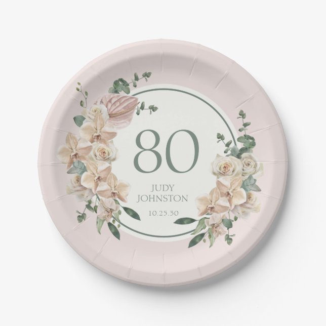 80th Birthday Tropical Floral Paper Plate (Front)