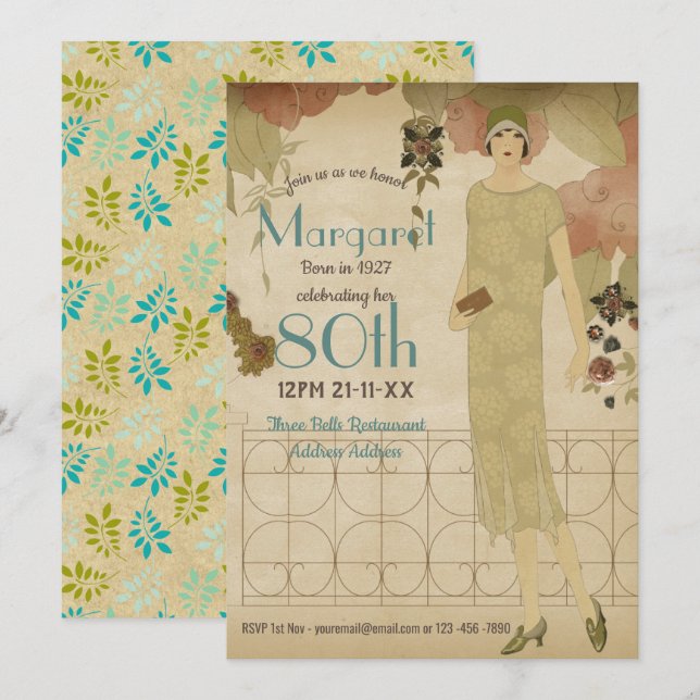 80th Birthday Vintage 1930s Invite Nouveau Eighty (Front/Back)