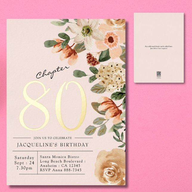 80th Birthday Vintage Floral Gold (Unique personalized 80th birthday peach blush pink floral gold foil invitation)