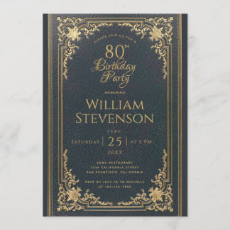 80th Birthday Vintage Gold on Navy Blue Elegant Invitation