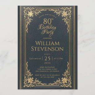 80th Birthday Vintage Gold on Navy Blue Elegant Invitation