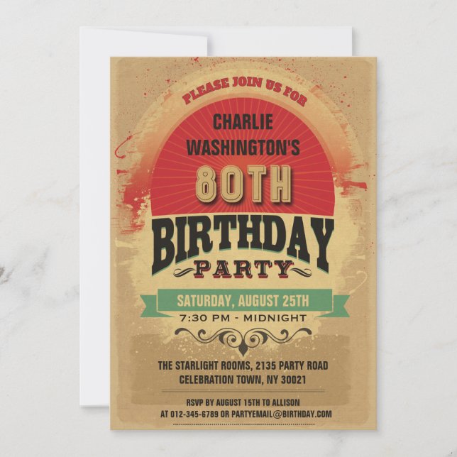 80th Birthday Vintage Typography Grunge Invitation (Front)