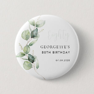 80th Birthday Watercolor Eucalyptus Script 2 Inch Round Button