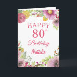 80th Birthday Watercolor Floral Flowers Pink Card<br><div class="desc">80th Birthday Watercolor Floral Flowers Pink Card with personalized name and age. For further customization,  please click the "Customize it" button and use our design tool to modify this template.</div>
