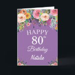 80th Birthday Watercolor Floral Flowers Purple Card<br><div class="desc">80th Birthday Watercolor Floral Flowers Purple Card with personalized name and age. For further customization,  please click the "Customize it" button and use our design tool to modify this template.</div>