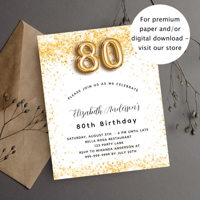 80th birthday white gold glitter invitation (Creator Uploaded)