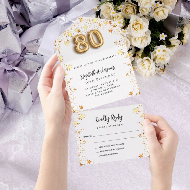80th birthday white gold stars party RSVP All In One Invitation (Creator Uploaded)