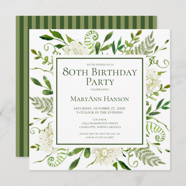 80th Birthday White Hydrangeas Floral Watercolor Invitation (Front/Back)