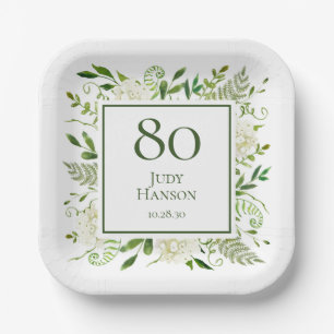 80th Birthday White Hydrangeas Paper Plate