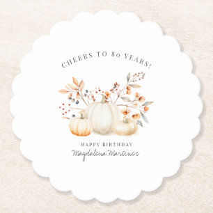 80th Birthday White Pumpkin Fall Leaves Custom Paper Coaster