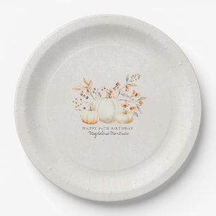 80th Birthday White Pumpkin Fall Leaves Custom Paper Plate