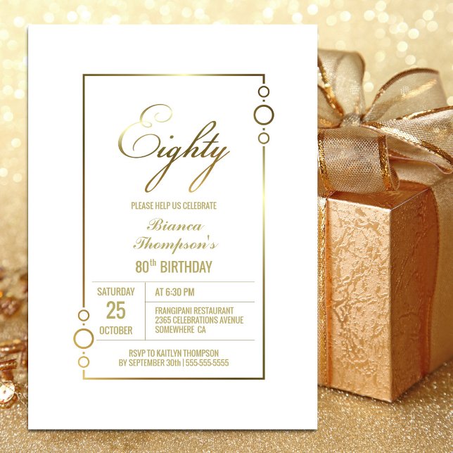 80th Birthday White with Gold Frame Party Invitation (Creator Uploaded)